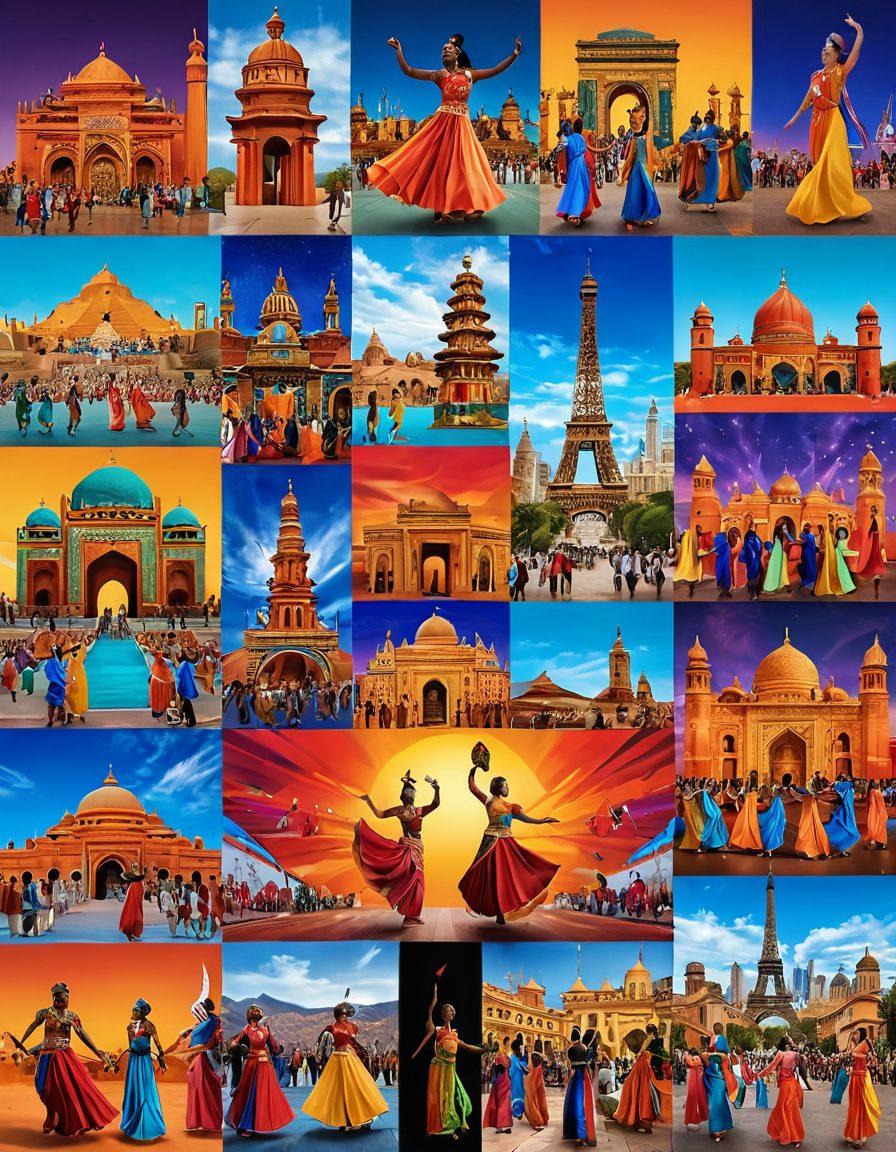 A dynamic collage showcasing a vibrant virtual tour of famous cultural landmarks, blended with scenes from lively live events featuring diverse audiences. Incorporate elements like traditional dancers, musicians, and digital screens showing immersive experiences. Use a colorful and inviting palette that captures the essence of cultural diversity. super-realistic. vibrant colors. 3D.