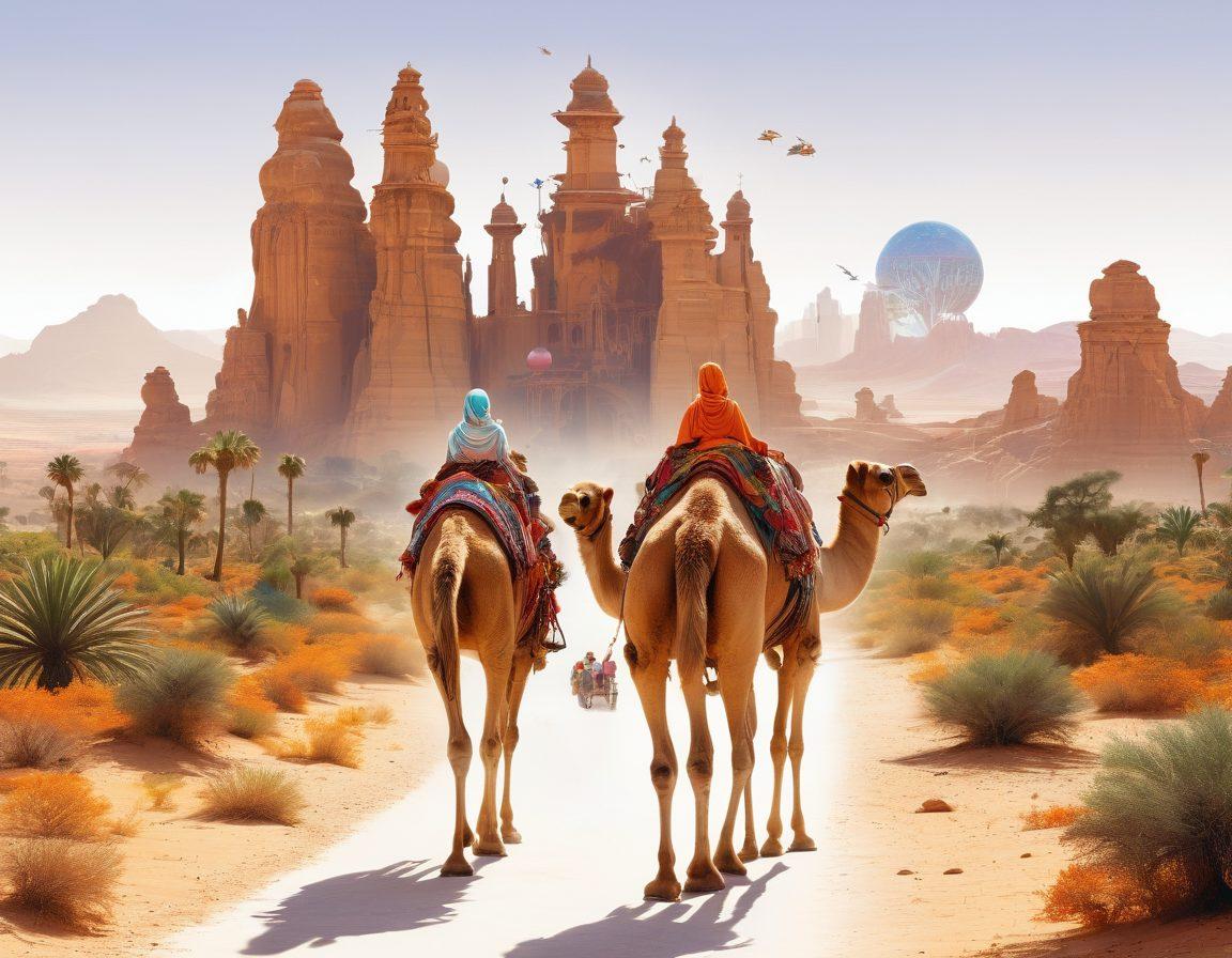 A dynamic collage of diverse travelers experiencing various themed adventures, including a camel caravan in the desert, a whimsical forest fairy scene, and a futuristic city skyline, all interconnected with vibrant pathways. Captured moments of joy and exploration illustrate the spirit of adventure. Super-realistic. Vibrant colors. White background.